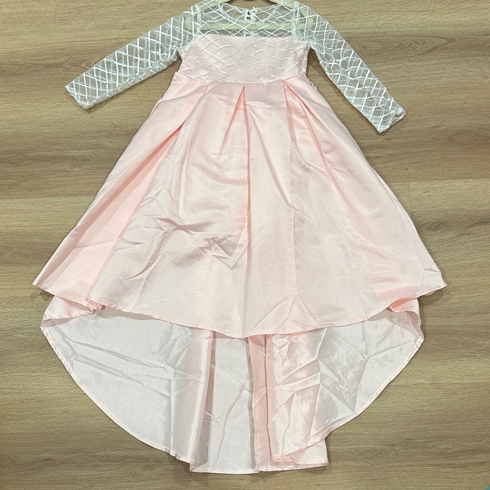 Elegant Pink and White Long Sleeve, High/Low Dress